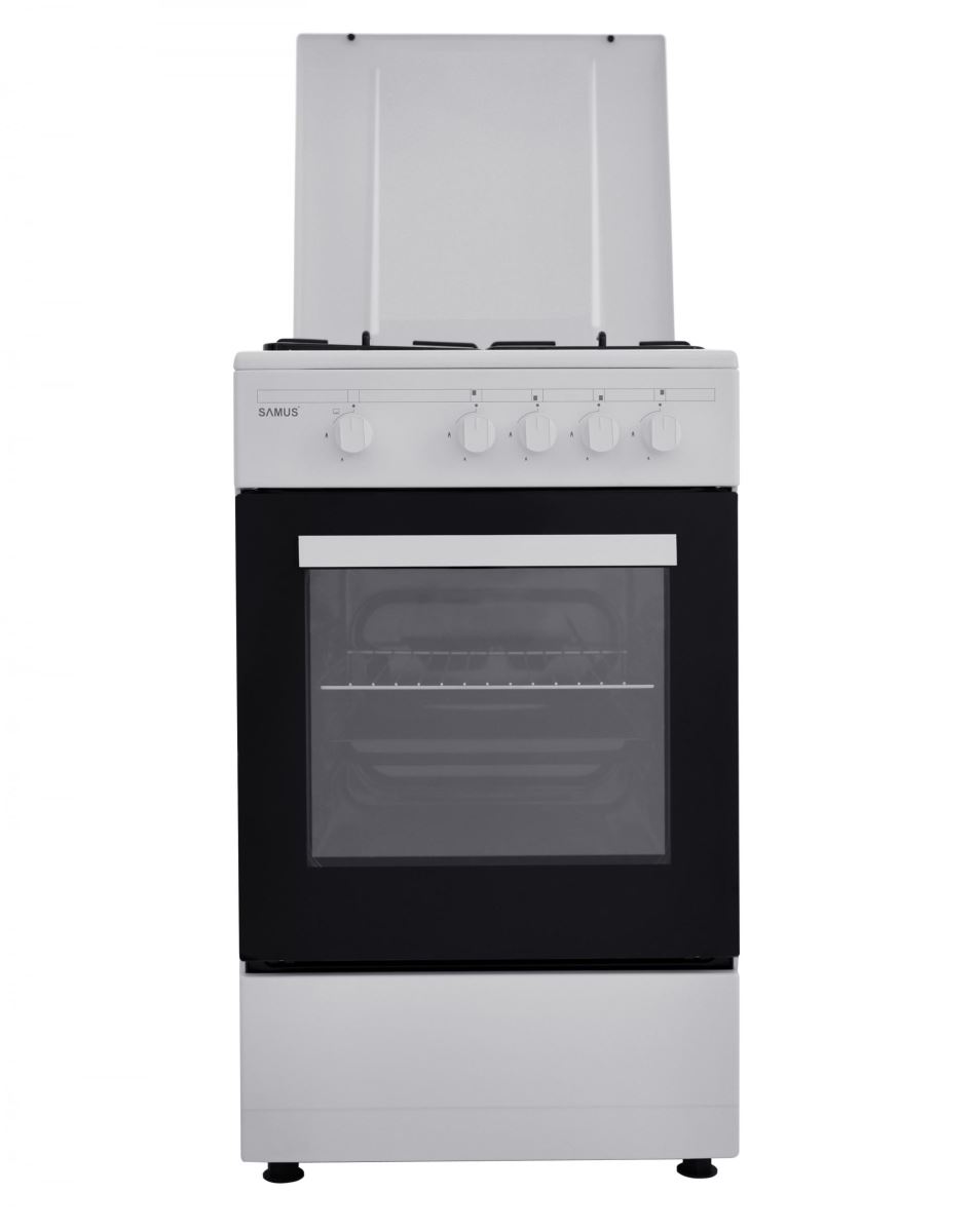 Aragaz Samus SM 450 ABS, Gaz, 4 arzatoare, Siguranţă plită + cuptor, Capac metal, Geam dublu cuptor, Latime 50 cm, Alb